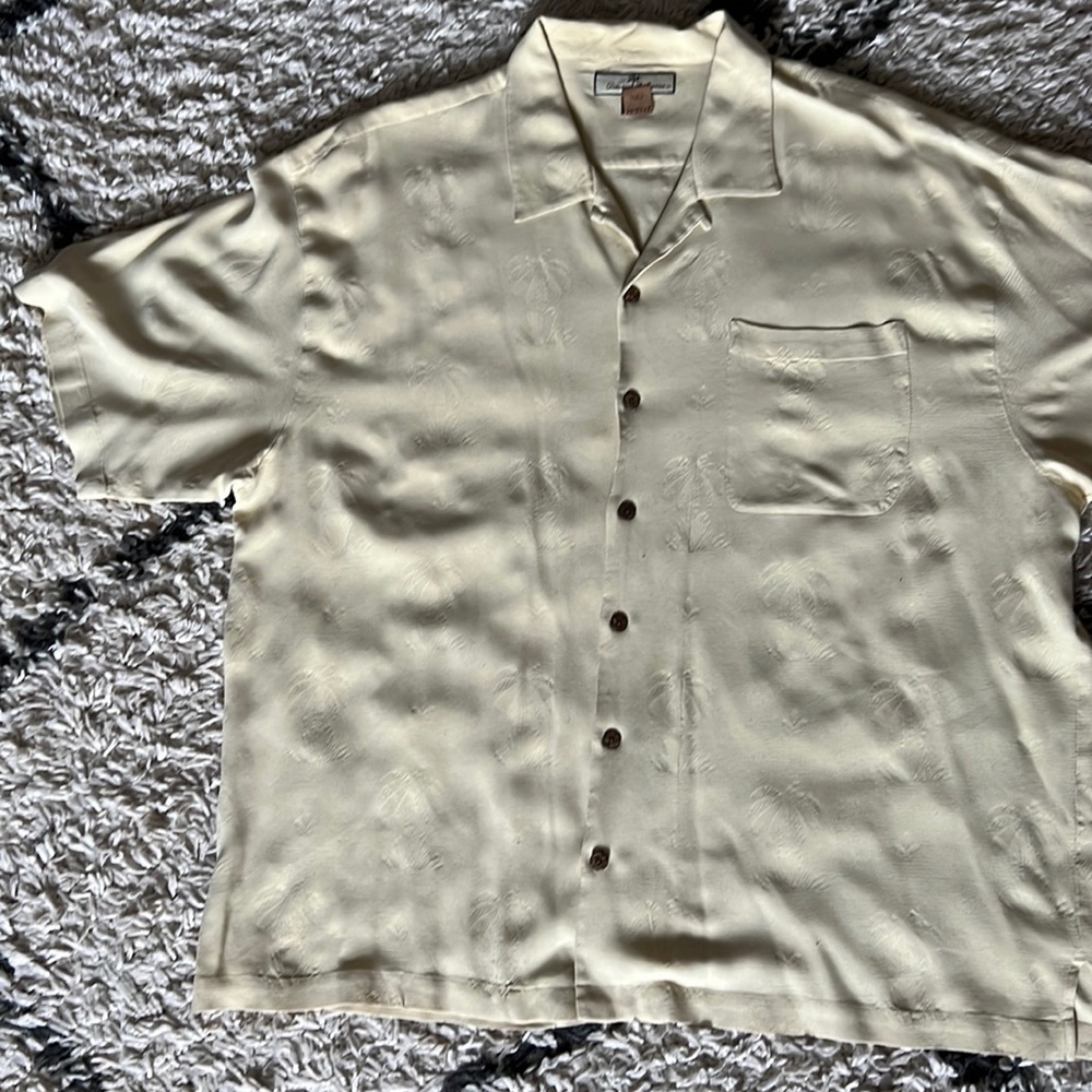 Yellow Tommy Bahama Tropic Island shirt with palm tree designs XXL